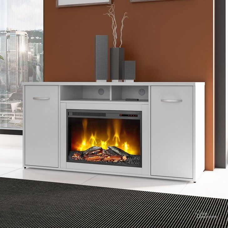 Bush Business Furniture Studio C 60W Office Storage Cabinet with Doors and Electric  Fireplace in White - 1StopBedrooms