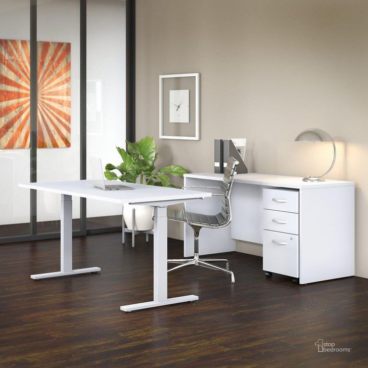 The appearance of Bush Business Furniture Studio C 60W x 30D Height Adjustable Standing Desk, Credenza and Mobile File Cabinet in White designed by Bush Furniture in the transitional interior design. This white piece of furniture  was selected by 1StopBedrooms from Studio C Collection to add a touch of cosiness and style into your home. Sku: STC017WHSU. Product Type: Desk. Image1