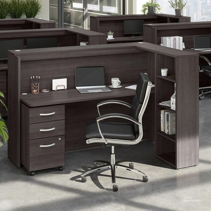 The appearance of Bush Business Furniture Studio C 72W Cubicle Desk with Shelves and Mobile File Cabinet in Storm Gray designed by Bush Furniture in the transitional interior design. This dark gray piece of furniture  was selected by 1StopBedrooms from Studio C Collection to add a touch of cosiness and style into your home. Sku: STC062SGSU. Product Type: Desk. Image1