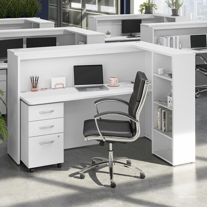 The appearance of Bush Business Furniture Studio C 72W Cubicle Desk with Shelves and Mobile File Cabinet in White designed by Bush Furniture in the transitional interior design. This white piece of furniture  was selected by 1StopBedrooms from Studio C Collection to add a touch of cosiness and style into your home. Sku: STC062WHSU. Product Type: Desk. Image1