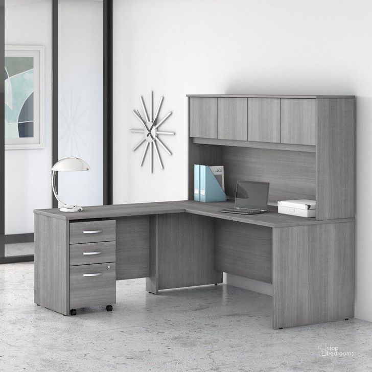The appearance of Bush Business Furniture Studio C 72W x 30D L Shaped Desk with Hutch, Mobile File Cabinet and 42W Return in Platinum Gray designed by Bush Furniture in the modern / contemporary interior design. This gray piece of furniture  was selected by 1StopBedrooms from Studio C Collection to add a touch of cosiness and style into your home. Sku: STC006PGSU. Product Type: Desk & Hutch. Image1