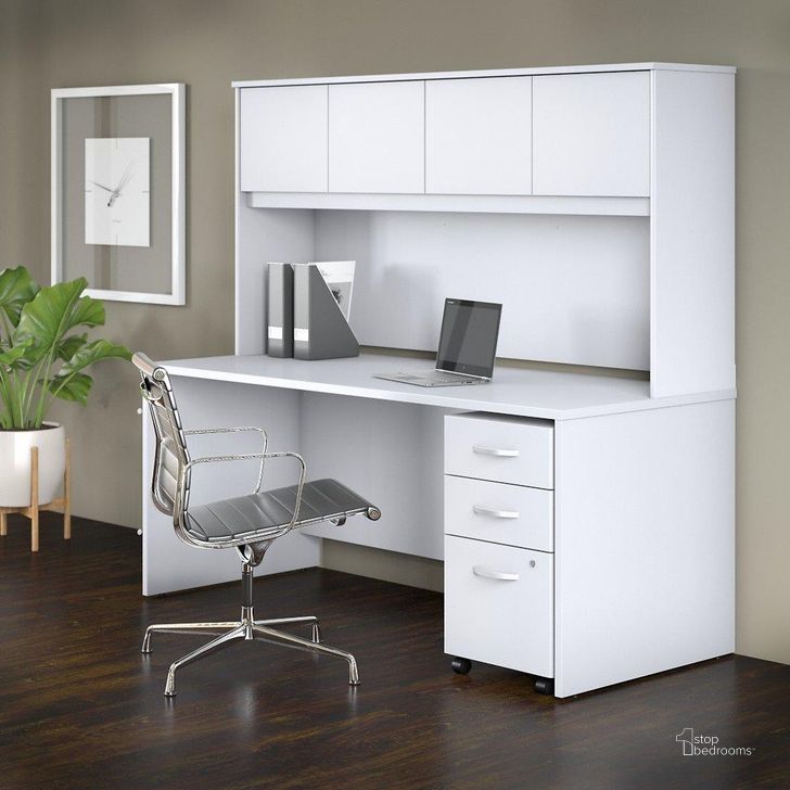 The appearance of Bush Business Furniture Studio C 72W x 30D Office Desk with Hutch and Mobile File Cabinet in White designed by Bush Furniture in the transitional interior design. This white piece of furniture  was selected by 1StopBedrooms from Studio C Collection to add a touch of cosiness and style into your home. Sku: STC011WHSU. Product Type: Desk & Hutch. Image1