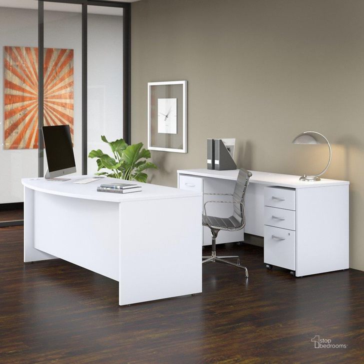 The appearance of Bush Business Furniture Studio C 72W x 36D Bow Front Desk and Credenza with Mobile File Cabinets in White designed by Bush Furniture in the modern / contemporary interior design. This white piece of furniture  was selected by 1StopBedrooms from Studio C Collection to add a touch of cosiness and style into your home. Sku: STC009WHSU. Product Type: Desk. Image1