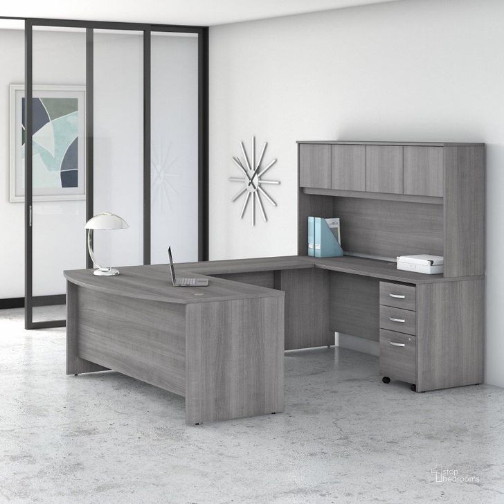 The appearance of Bush Business Furniture Studio C 72W x 36D U Shaped Desk with Hutch and Mobile File Cabinet in Platinum Gray designed by Bush Furniture in the transitional interior design. This gray piece of furniture  was selected by 1StopBedrooms from Studio C Collection to add a touch of cosiness and style into your home. Sku: STC003PGSU. Product Type: Desk & Hutch. Image1