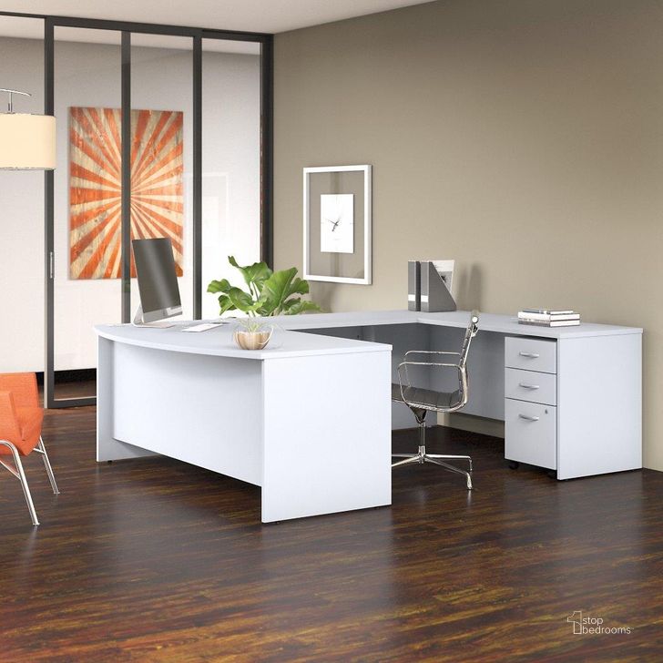 The appearance of Bush Business Furniture Studio C 72W x 36D U Shaped Desk with Mobile File Cabinet in White designed by Bush Furniture in the transitional interior design. This white piece of furniture  was selected by 1StopBedrooms from Studio C Collection to add a touch of cosiness and style into your home. Sku: STC004WHSU. Product Type: Desk. Image1