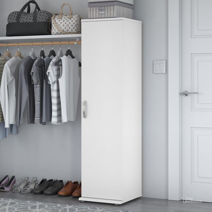 The appearance of Bush Business Furniture Universal Narrow Clothing Storage Cabinet with Door and Shelves in White designed by Bush Furniture in the modern / contemporary interior design. This white piece of furniture  was selected by 1StopBedrooms from Closet Storage Collection to add a touch of cosiness and style into your home. Sku: CLS116WH-Z. Material: Wood. Product Type: Storage Cabinet. Image1