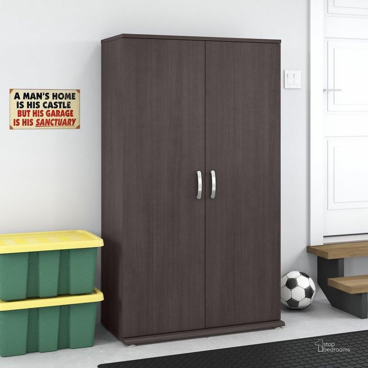 The appearance of Bush Business Furniture Universal Tall Garage Storage Cabinet with Doors and Shelves in Storm Gray designed by Bush Furniture in the modern / contemporary interior design. This dark gray piece of furniture  was selected by 1StopBedrooms from Garage Storage Collection to add a touch of cosiness and style into your home. Sku: GAS136SG-Z. Material: Wood. Product Type: Storage Cabinet. Image1