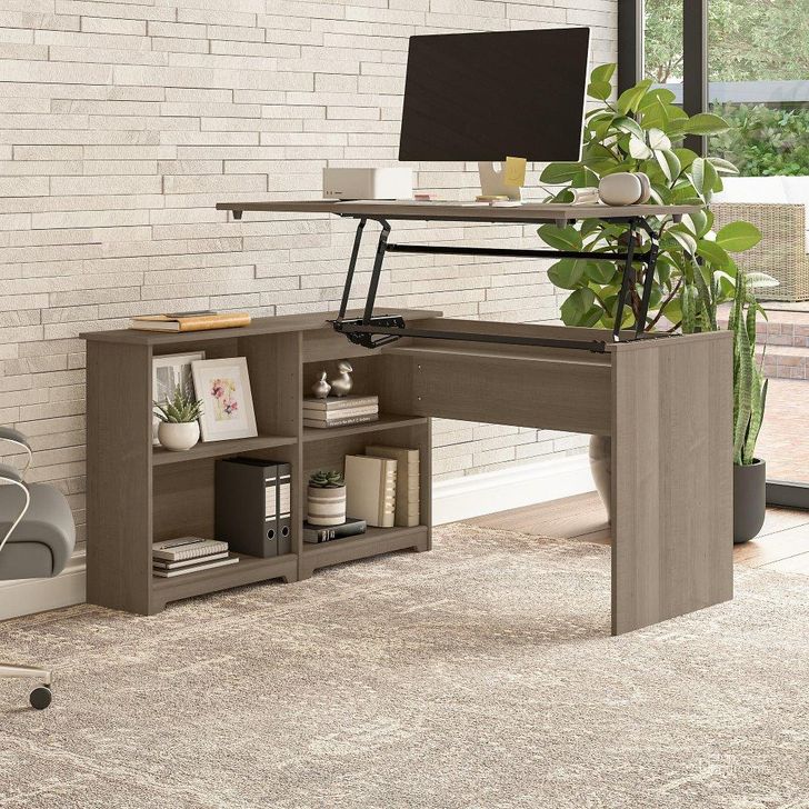 The appearance of Bush Furniture Cabot 52W 3 Position Sit To Stand Corner Desk with Shelves in Ash Gray designed by Bush Furniture in the modern / contemporary interior design. This ash gray piece of furniture  was selected by 1StopBedrooms from Cabot Collection to add a touch of cosiness and style into your home. Sku: WC31216. Product Type: Corner Desk. Image1