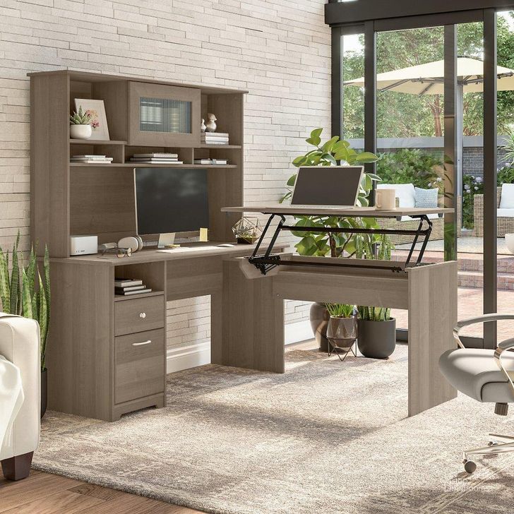 The appearance of Bush Furniture Cabot 60W 3 Position Sit To Stand L Shaped Desk with Hutch in Ash Gray designed by Bush Furniture in the modern / contemporary interior design. This ash gray piece of furniture  was selected by 1StopBedrooms from Cabot Collection to add a touch of cosiness and style into your home. Sku: CAB045AG. Material: Wood. Product Type: Desk & Hutch. Image1