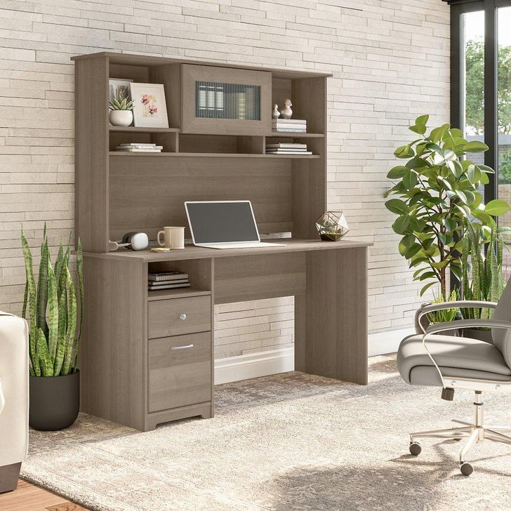 The appearance of Bush Furniture Cabot 60W Computer Desk with Hutch in Ash Gray designed by Bush Furniture in the modern / contemporary interior design. This ash gray piece of furniture  was selected by 1StopBedrooms from Cabot Collection to add a touch of cosiness and style into your home. Sku: CAB042AG. Material: Wood. Product Type: Computer Desk. Image1
