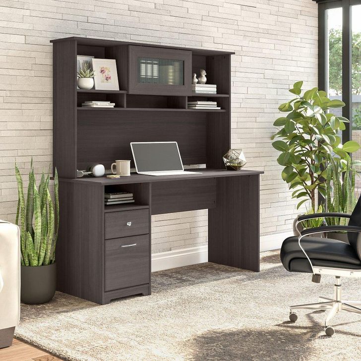 The appearance of Bush Furniture Cabot 60W Computer Desk with Hutch in Heather Gray designed by Bush Furniture in the modern / contemporary interior design. This grey heather piece of furniture  was selected by 1StopBedrooms from Cabot Collection to add a touch of cosiness and style into your home. Sku: CAB042HRG. Material: Wood. Product Type: Computer Desk. Image1