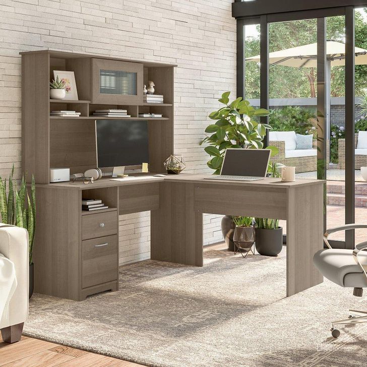The appearance of Bush Furniture Cabot 60W L Shaped Computer Desk with Hutch and Drawers in Ash Gray designed by Bush Furniture in the modern / contemporary interior design. This ash gray piece of furniture  was selected by 1StopBedrooms from Cabot Collection to add a touch of cosiness and style into your home. Sku: CAB046AG. Material: Wood. Product Type: Computer Desk. Image1