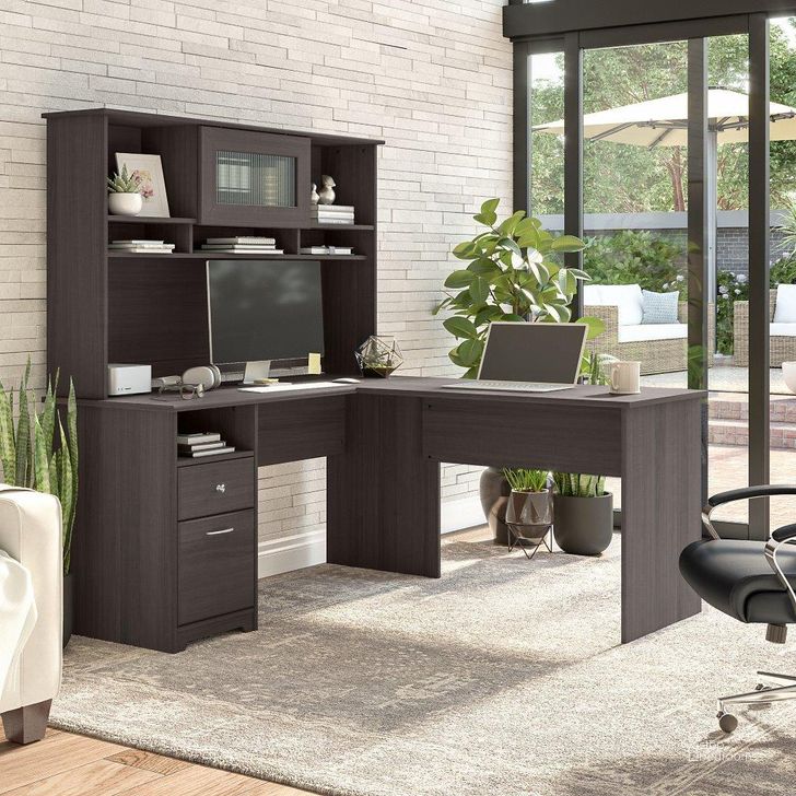 The appearance of Bush Furniture Cabot 60W L Shaped Computer Desk with Hutch and Drawers in Heather Gray designed by Bush Furniture in the modern / contemporary interior design. This grey heather piece of furniture  was selected by 1StopBedrooms from Cabot Collection to add a touch of cosiness and style into your home. Sku: CAB046HRG. Material: Wood. Product Type: Computer Desk. Image1
