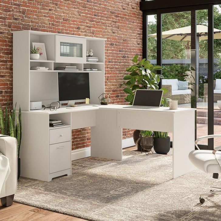 The appearance of Bush Furniture Cabot 60W L Shaped Computer Desk with Hutch and Drawers in White designed by Bush Furniture in the modern / contemporary interior design. This white piece of furniture  was selected by 1StopBedrooms from Cabot Collection to add a touch of cosiness and style into your home. Sku: CAB046WHN. Material: Wood. Product Type: Computer Desk. Image1