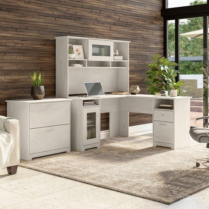 The appearance of Bush Furniture Cabot 60W L Shaped Computer Desk with Hutch and Lateral File Cabinet in Linen White Oak designed by Bush Furniture in the modern / contemporary interior design. This oak and white piece of furniture  was selected by 1StopBedrooms from Cabot Collection to add a touch of cosiness and style into your home. Sku: CAB005LW. Material: Wood. Product Type: Computer Desk. Image1