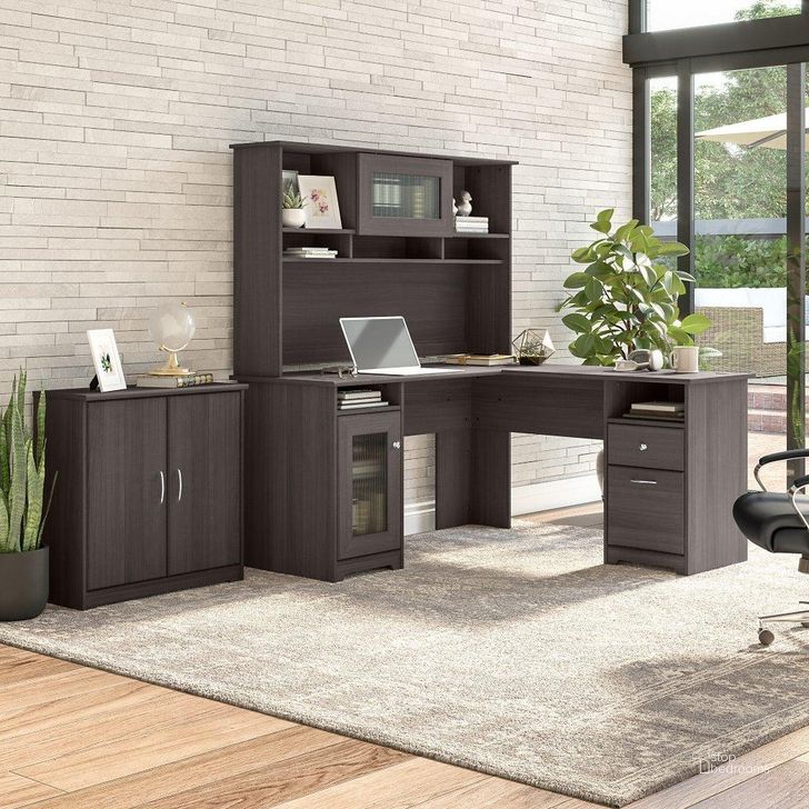 The appearance of Bush Furniture Cabot 60W L Shaped Computer Desk with Hutch and Small Storage Cabinet in Heather Gray designed by Bush Furniture in the modern / contemporary interior design. This grey heather piece of furniture  was selected by 1StopBedrooms from Cabot Collection to add a touch of cosiness and style into your home. Sku: CAB016HRG. Material: Wood. Product Type: Computer Desk. Image1