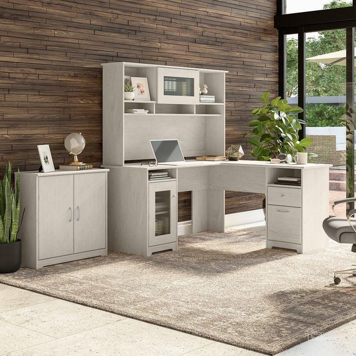 The appearance of Bush Furniture Cabot 60W L Shaped Computer Desk with Hutch and Small Storage Cabinet in Linen White Oak designed by Bush Furniture in the modern / contemporary interior design. This oak and white piece of furniture  was selected by 1StopBedrooms from Cabot Collection to add a touch of cosiness and style into your home. Sku: CAB016LW. Material: Wood. Product Type: Computer Desk. Image1