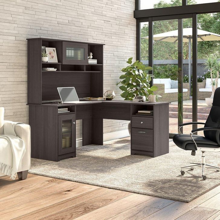 The appearance of Bush Furniture Cabot 60W L Shaped Computer Desk with Hutch and Storage in Heather Gray designed by Bush Furniture in the modern / contemporary interior design. This grey heather piece of furniture  was selected by 1StopBedrooms from Cabot Collection to add a touch of cosiness and style into your home. Sku: CAB001HRG. Material: Wood. Product Type: Computer Desk. Image1