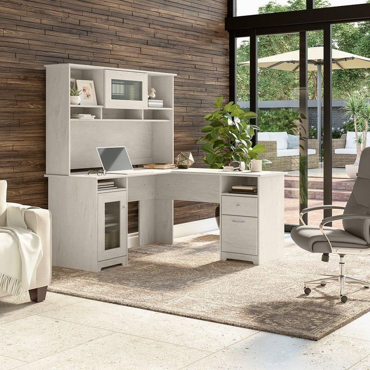 The appearance of Bush Furniture Cabot 60W L Shaped Computer Desk with Hutch and Storage in Linen White Oak designed by Bush Furniture in the modern / contemporary interior design. This oak and white piece of furniture  was selected by 1StopBedrooms from Cabot Collection to add a touch of cosiness and style into your home. Sku: CAB001LW. Material: Wood. Product Type: Computer Desk. Image1