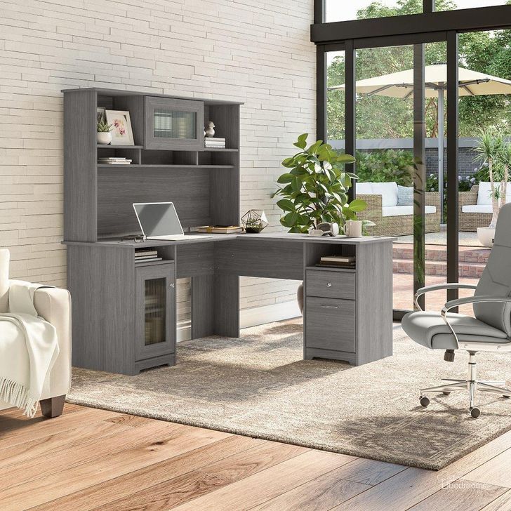 The appearance of Bush Furniture Cabot 60W L Shaped Computer Desk with Hutch and Storage in Modern Gray designed by Bush Furniture in the modern / contemporary interior design. This gray piece of furniture  was selected by 1StopBedrooms from Cabot Collection to add a touch of cosiness and style into your home. Sku: CAB001MG. Material: Wood. Product Type: Computer Desk. Image1