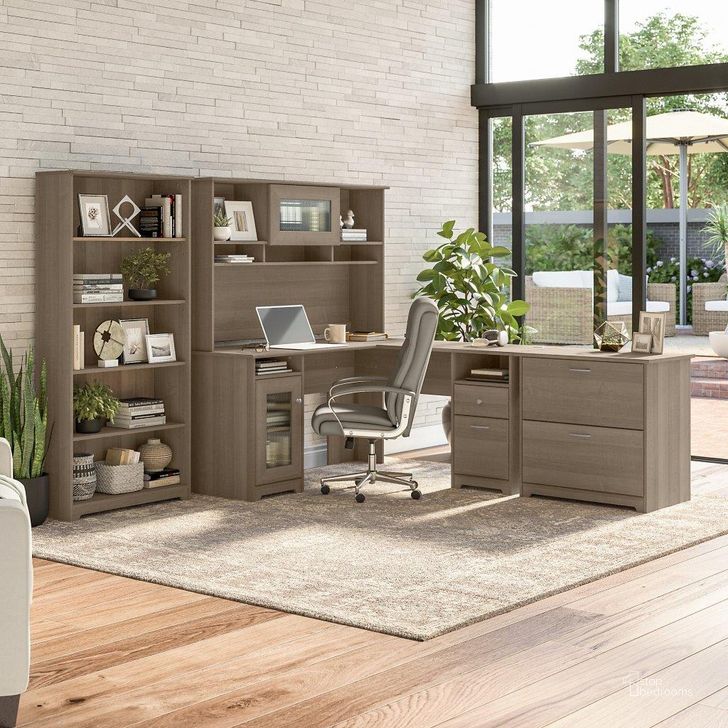 The appearance of Bush Furniture Cabot 60W L Shaped Computer Desk with Hutch, File Cabinet and Bookcase in Ash Gray designed by Bush Furniture in the modern / contemporary interior design. This ash gray piece of furniture  was selected by 1StopBedrooms from Cabot Collection to add a touch of cosiness and style into your home. Sku: CAB010AG. Material: Wood. Product Type: Computer Desk. Image1