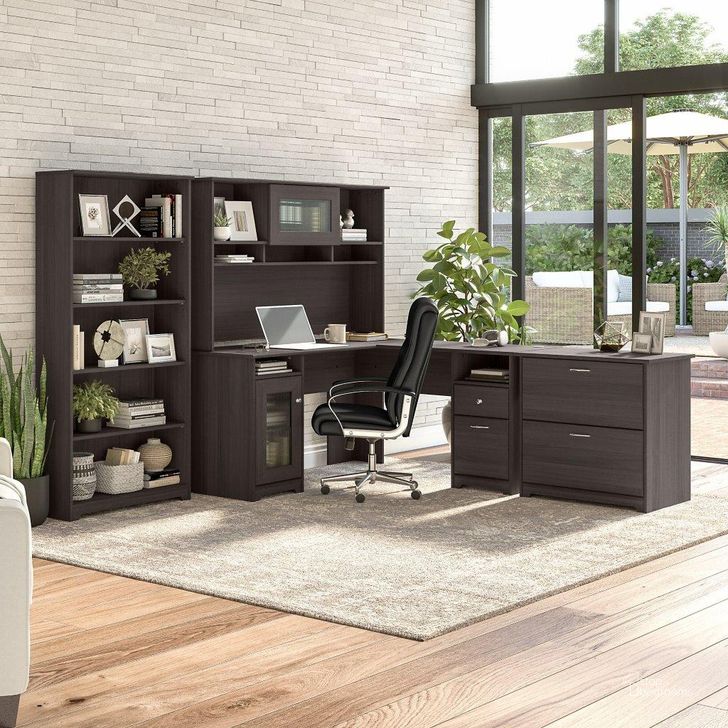 The appearance of Bush Furniture Cabot 60W L Shaped Computer Desk with Hutch, File Cabinet and Bookcase in Heather Gray designed by Bush Furniture in the modern / contemporary interior design. This grey heather piece of furniture  was selected by 1StopBedrooms from Cabot Collection to add a touch of cosiness and style into your home. Sku: CAB010HRG. Material: Wood. Product Type: Computer Desk. Image1
