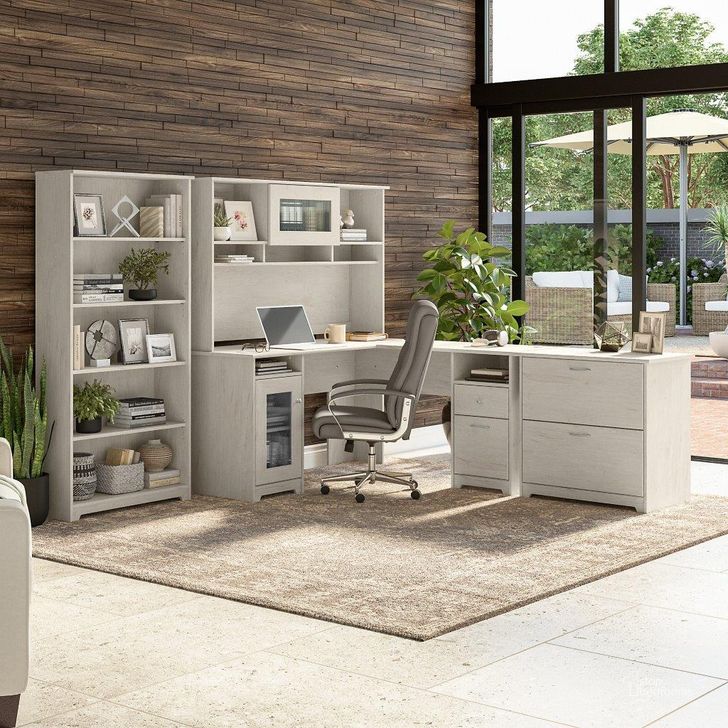 The appearance of Bush Furniture Cabot 60W L Shaped Computer Desk with Hutch, File Cabinet and Bookcase in Linen White Oak designed by Bush Furniture in the modern / contemporary interior design. This oak and white piece of furniture  was selected by 1StopBedrooms from Cabot Collection to add a touch of cosiness and style into your home. Sku: CAB010LW. Material: Wood. Product Type: Computer Desk. Image1