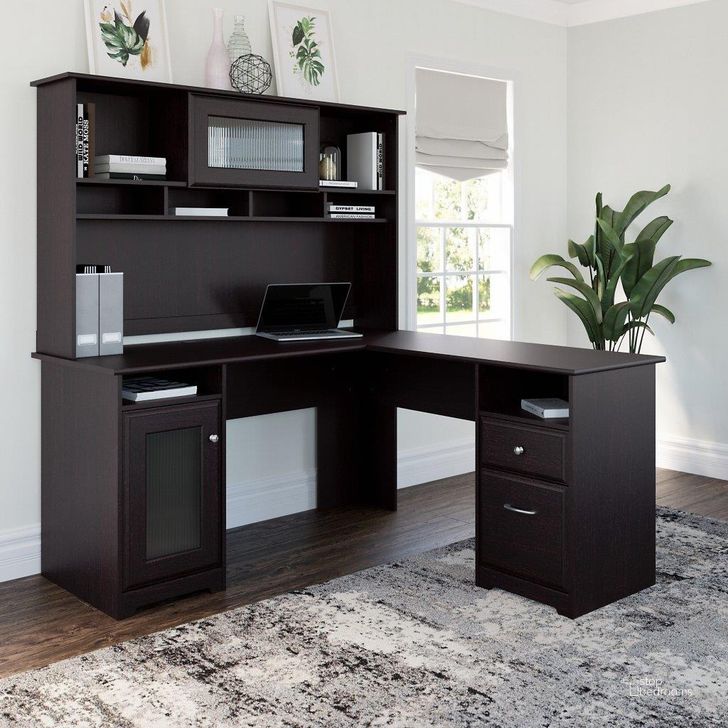 The appearance of Bush Furniture Cabot 60W L Shaped Computer Desk with Hutch in Espresso Oak designed by Bush Furniture in the modern / contemporary interior design. This oak piece of furniture  was selected by 1StopBedrooms from Cabot Collection to add a touch of cosiness and style into your home. Sku: CAB001EPO. Material: Wood. Product Type: Computer Desk. Image1