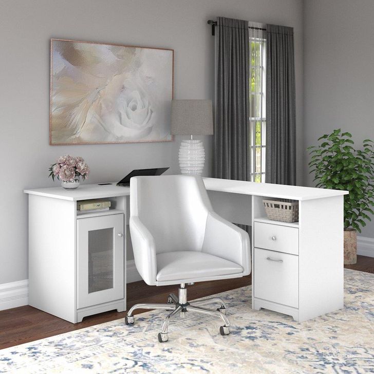 The appearance of Bush Furniture Cabot 60W L Shaped Computer Desk with Mid Back Leather Box Chair in White designed by Bush Furniture in the modern / contemporary interior design. This white piece of furniture  was selected by 1StopBedrooms from Cabot Collection to add a touch of cosiness and style into your home. Sku: CAB059WHN. Material: Wood. Product Type: Computer Desk. Image1
