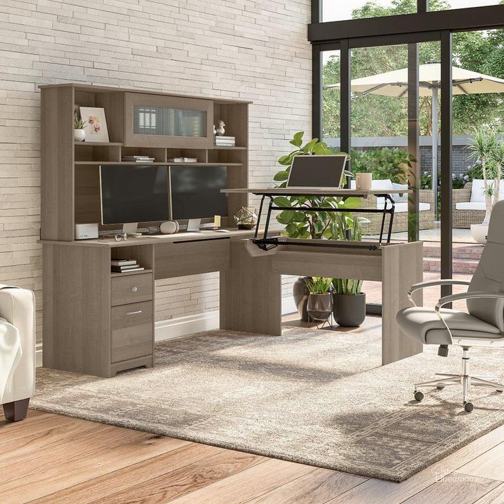 The appearance of Bush Furniture Cabot 72W 3 Position Sit To Stand L Shaped Desk with Hutch in Ash Gray designed by Bush Furniture in the modern / contemporary interior design. This ash gray piece of furniture  was selected by 1StopBedrooms from Cabot Collection to add a touch of cosiness and style into your home. Sku: CAB052AG. Material: Wood. Product Type: Desk & Hutch. Image1