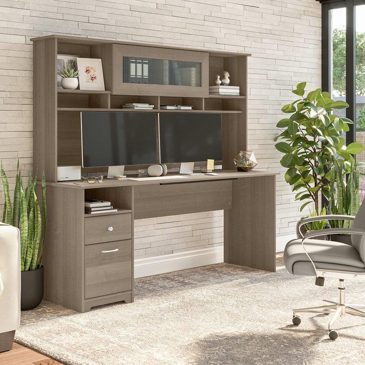 The appearance of Bush Furniture Cabot 72W Computer Desk with Hutch in Ash Gray designed by Bush Furniture in the modern / contemporary interior design. This ash gray piece of furniture  was selected by 1StopBedrooms from Cabot Collection to add a touch of cosiness and style into your home. Sku: CAB049AG. Material: Wood. Product Type: Computer Desk. Image1