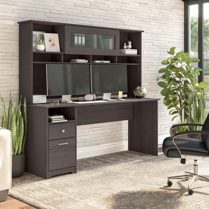 The appearance of Bush Furniture Cabot 72W Computer Desk with Hutch in Heather Gray designed by Bush Furniture in the modern / contemporary interior design. This grey heather piece of furniture  was selected by 1StopBedrooms from Cabot Collection to add a touch of cosiness and style into your home. Sku: CAB049HRG. Material: Wood. Product Type: Computer Desk. Image1