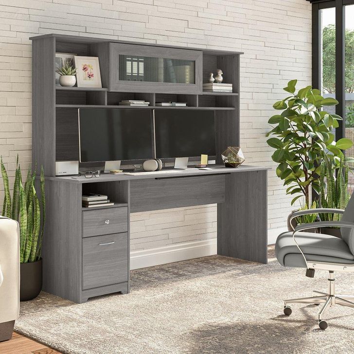 The appearance of Bush Furniture Cabot 72W Computer Desk with Hutch in Modern Gray designed by Bush Furniture in the modern / contemporary interior design. This gray piece of furniture  was selected by 1StopBedrooms from Cabot Collection to add a touch of cosiness and style into your home. Sku: CAB049MG. Material: Wood. Product Type: Computer Desk. Image1