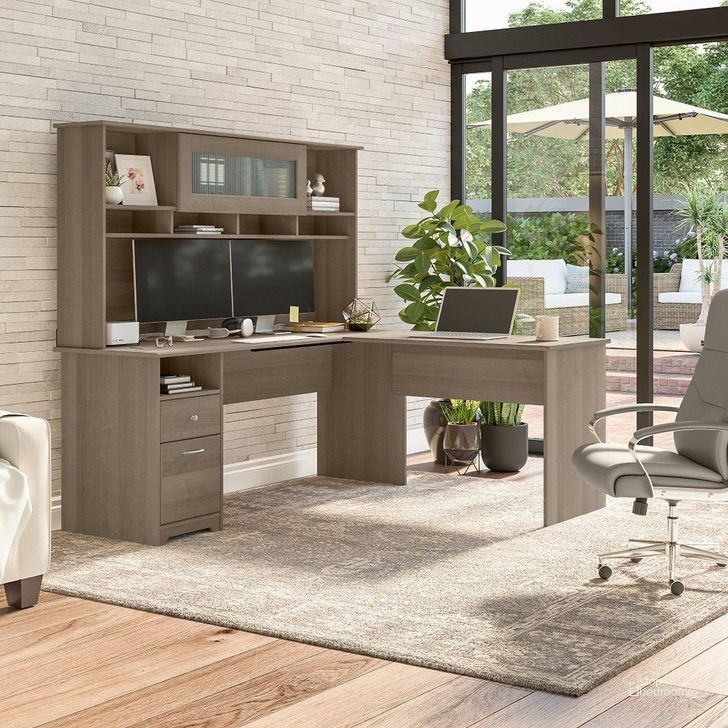The appearance of Bush Furniture Cabot 72W L Shaped Computer Desk with Hutch and Drawers in Ash Gray designed by Bush Furniture in the modern / contemporary interior design. This ash gray piece of furniture  was selected by 1StopBedrooms from Cabot Collection to add a touch of cosiness and style into your home. Sku: CAB053AG. Material: Wood. Product Type: Computer Desk. Image1