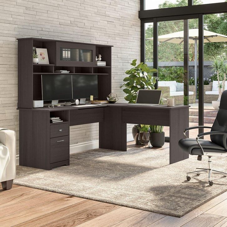 The appearance of Bush Furniture Cabot 72W L Shaped Computer Desk with Hutch and Drawers in Heather Gray designed by Bush Furniture in the modern / contemporary interior design. This grey heather piece of furniture  was selected by 1StopBedrooms from Cabot Collection to add a touch of cosiness and style into your home. Sku: CAB053HRG. Material: Wood. Product Type: Computer Desk. Image1