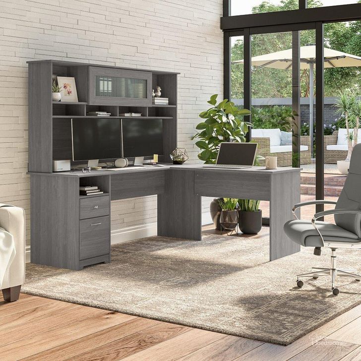 The appearance of Bush Furniture Cabot 72W L Shaped Computer Desk with Hutch and Drawers in Modern Gray designed by Bush Furniture in the modern / contemporary interior design. This gray piece of furniture  was selected by 1StopBedrooms from Cabot Collection to add a touch of cosiness and style into your home. Sku: CAB053MG. Material: Wood. Product Type: Computer Desk. Image1