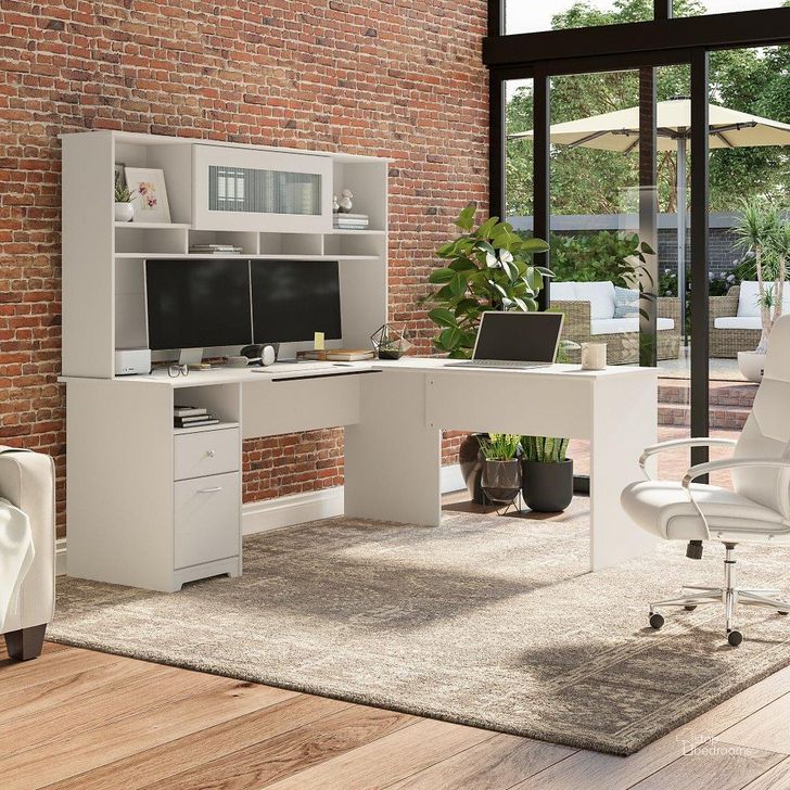 The appearance of Bush Furniture Cabot 72W L Shaped Computer Desk with Hutch and Drawers in White designed by Bush Furniture in the modern / contemporary interior design. This white piece of furniture  was selected by 1StopBedrooms from Cabot Collection to add a touch of cosiness and style into your home. Sku: CAB053WHN. Material: Wood. Product Type: Computer Desk. Image1