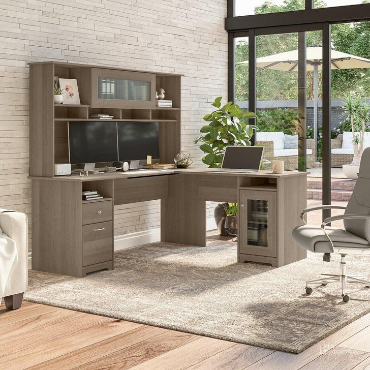 The appearance of Bush Furniture Cabot 72W L Shaped Computer Desk with Hutch and Storage in Ash Gray designed by Bush Furniture in the modern / contemporary interior design. This ash gray piece of furniture  was selected by 1StopBedrooms from Cabot Collection to add a touch of cosiness and style into your home. Sku: CAB073AG. Material: Wood. Product Type: Computer Desk. Image1
