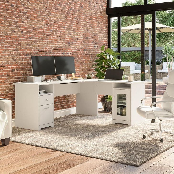 The appearance of Bush Furniture Cabot 72W L Shaped Computer Desk with Storage in White designed by Bush Furniture in the modern / contemporary interior design. This white piece of furniture  was selected by 1StopBedrooms from Cabot Collection to add a touch of cosiness and style into your home. Sku: CAB072WHN. Material: Wood. Product Type: Computer Desk. Image1