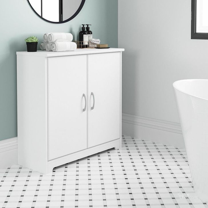 The appearance of Bush Furniture Cabot Small Bathroom Storage Cabinet with Doors in White designed by Bush Furniture in the modern / contemporary interior design. This white piece of furniture  was selected by 1StopBedrooms from Cabot Collection to add a touch of cosiness and style into your home. Sku: WC31998-Z1. Product Type: Bathroom Storage. Image1