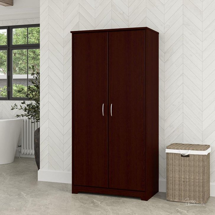 The appearance of Bush Furniture Cabot Tall Bathroom Storage Cabinet with Doors in Harvest Cherry designed by Bush Furniture in the modern / contemporary interior design. This cherry piece of furniture  was selected by 1StopBedrooms from Cabot Collection to add a touch of cosiness and style into your home. Sku: WC31499-Z1. Product Type: Bathroom Storage. Image1
