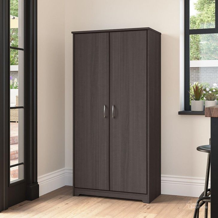 The appearance of Bush Furniture Cabot Tall Kitchen Pantry Cabinet with Doors in Heather Gray designed by Bush Furniture in the modern / contemporary interior design. This grey heather piece of furniture  was selected by 1StopBedrooms from Cabot Collection to add a touch of cosiness and style into your home. Sku: WC31799-Z. Product Type: Cabinet. Image1