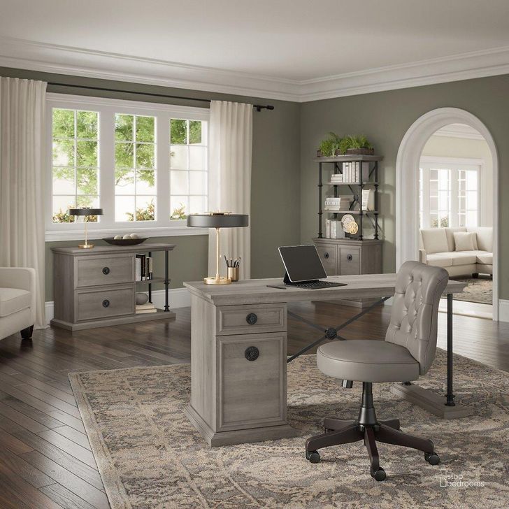 The appearance of Bush Furniture Coliseum 60W Designer Desk and Chair Set with Lateral File Cabinet and Bookcase with Doors in Driftwood Gray designed by Bush Furniture in the country / farmhouse interior design. This gray piece of furniture  was selected by 1StopBedrooms from Coliseum Collection to add a touch of cosiness and style into your home. Sku: CSM003DG. Material: Wood. Product Type: Home Office Set. Image1