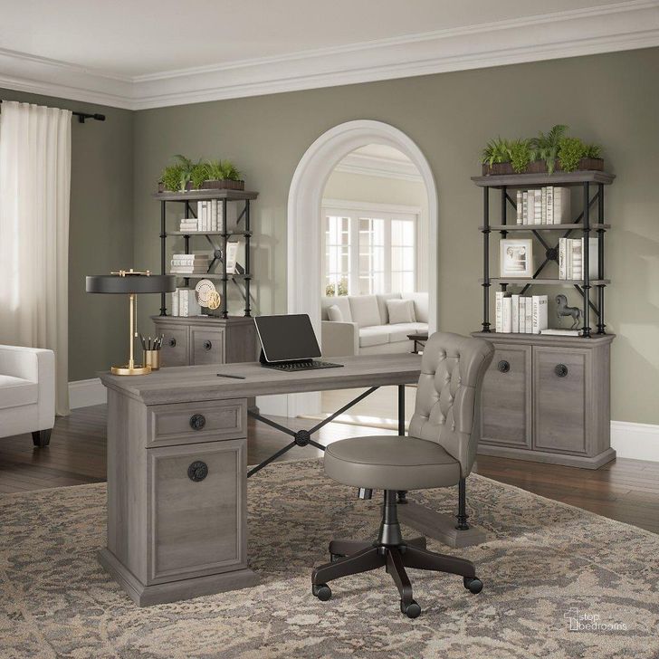 The appearance of Bush Furniture Coliseum 60W Designer Desk with Set of 2 Bookcases with Doors in Driftwood Gray designed by Bush Furniture in the country / farmhouse interior design. This driftwood piece of furniture  was selected by 1StopBedrooms from Coliseum Collection to add a touch of cosiness and style into your home. Sku: CSM004DG. Material: Wood. Product Type: Desk. Image1