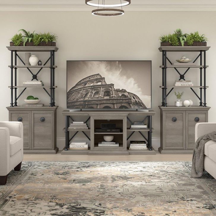 The appearance of Bush Furniture Coliseum Living Room Set with 60W Tv Stand and Two Bookcases with Doors in Driftwood Gray designed by Bush Furniture in the country / farmhouse interior design. This driftwood piece of furniture  was selected by 1StopBedrooms from Coliseum Collection to add a touch of cosiness and style into your home. Sku: CSM009DG. Material: Wood. Product Type: TV Stand. Image1