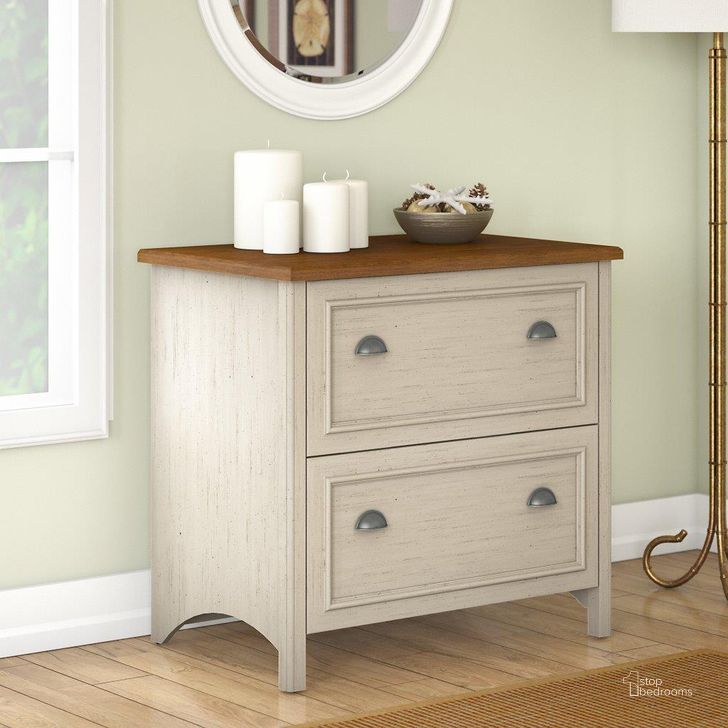 The appearance of Bush Furniture Fairview 2 Drawer Lateral File Cabinet in Antique White and Tea Maple Wc53284-03 designed by Bush Furniture in the country / farmhouse interior design. This antique white piece of furniture  was selected by 1StopBedrooms from Fairview Collection to add a touch of cosiness and style into your home. Sku: WC53284-03. Product Type: Lateral Filing Cabinet. Image1