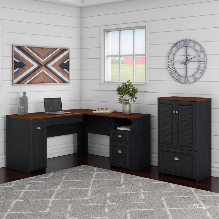 The appearance of Bush Furniture Fairview 60W L Shaped Desk and 2 Door Storage Cabinet with File Drawer in Antique Black and Hansen Cherry designed by Bush Furniture in the country / farmhouse interior design. This antique black and cherry piece of furniture  was selected by 1StopBedrooms from Fairview Collection to add a touch of cosiness and style into your home. Sku: FV009AB. Material: Wood. Product Type: Desk. Image1