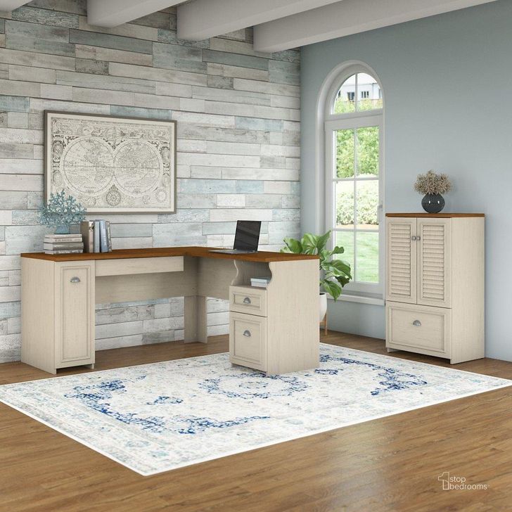 The appearance of Bush Furniture Fairview 60W L Shaped Desk and 2 Door Storage Cabinet with File Drawer in Antique White and Tea Maple designed by Bush Furniture in the country / farmhouse interior design. This antique white piece of furniture  was selected by 1StopBedrooms from Fairview Collection to add a touch of cosiness and style into your home. Sku: FV009AW. Material: Wood. Product Type: Desk. Image1