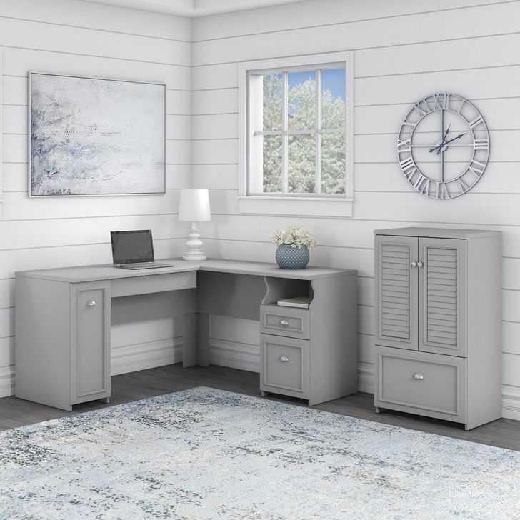 The appearance of Bush Furniture Fairview 60W L Shaped Desk And 2 Door Storage Cabinet With File Drawer In Cape Cod Gray designed by Bush Furniture in the country / farmhouse interior design. This gray piece of furniture  was selected by 1StopBedrooms from Fairview Collection to add a touch of cosiness and style into your home. Sku: FV009CG. Material: Wood. Product Type: Desk. Image1