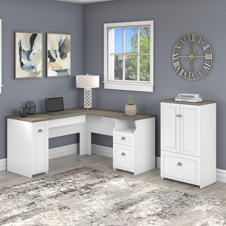 The appearance of Bush Furniture Fairview 60W L Shaped Desk And 2 Door Storage Cabinet With File Drawer In Pure White And Shiplap Gray designed by Bush Furniture in the country / farmhouse interior design. This gray and white piece of furniture  was selected by 1StopBedrooms from Fairview Collection to add a touch of cosiness and style into your home. Sku: FV009G2W. Material: Wood. Product Type: Desk. Image1